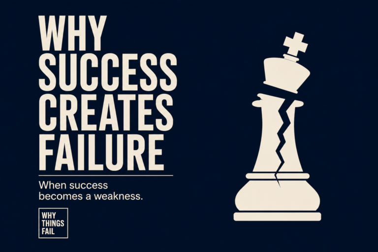 Why Success Creates Failure graphic featuring a cracked chess king with the text “When success becomes a weakness.