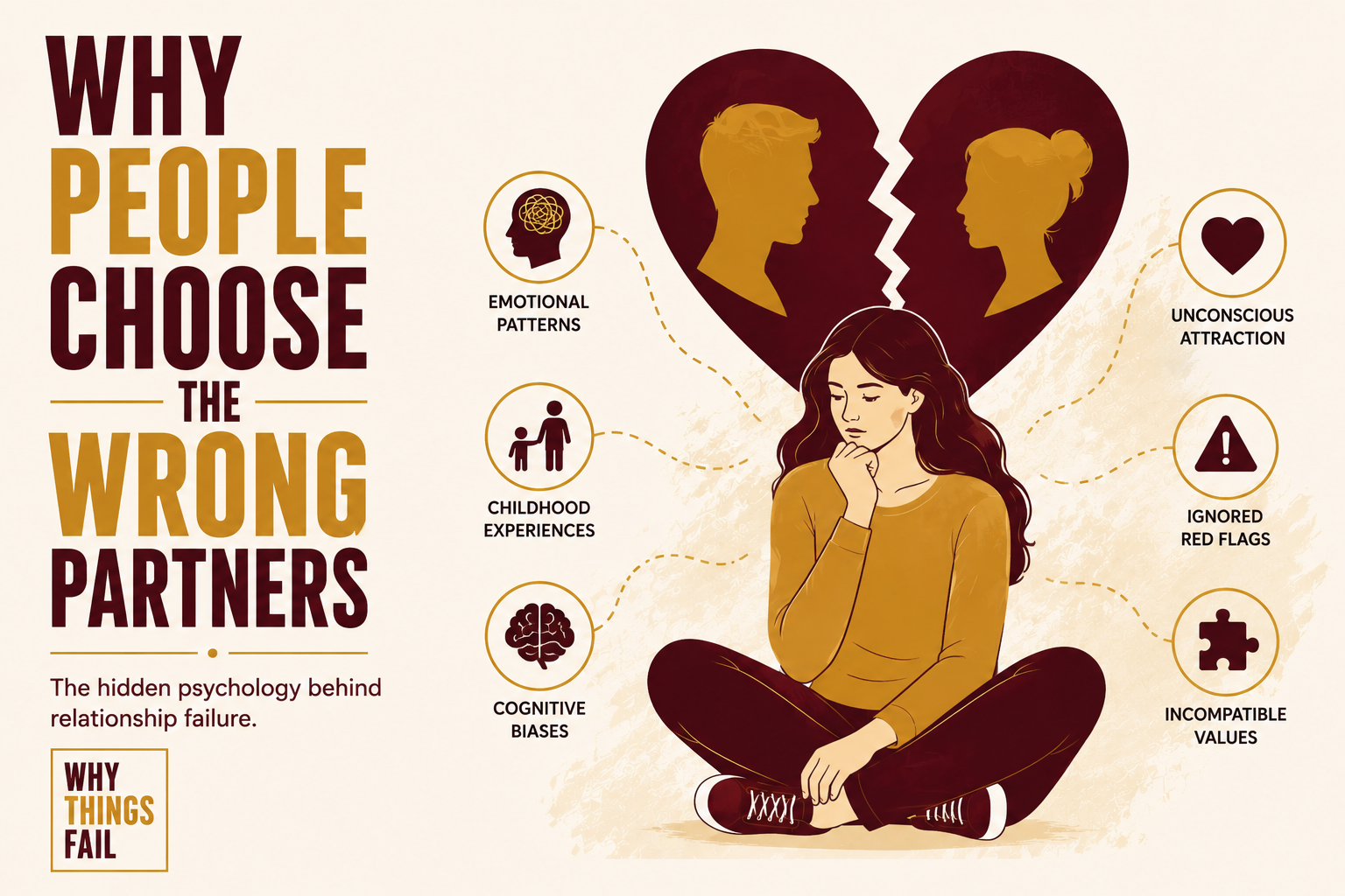 Why People Choose The Wrong Partners illustration showing emotional decision making, attachment styles and relationship psychology influencing partner selection.