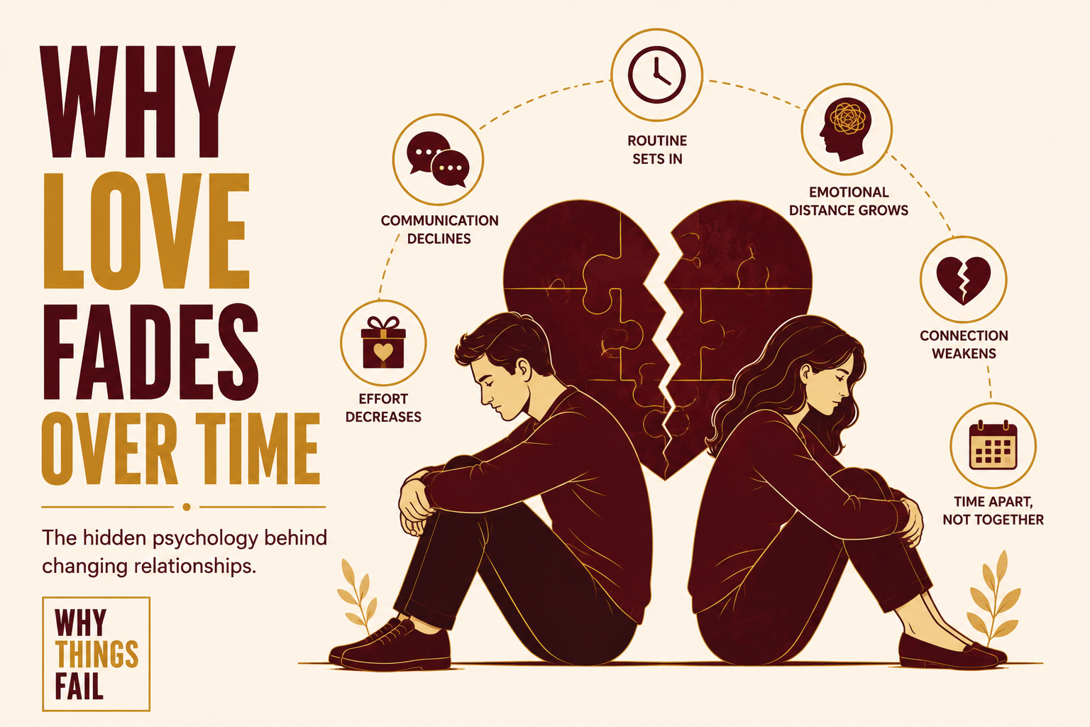 Couple sitting apart in silence at home illustrating why love fades over time through emotional distance and poor communication.
