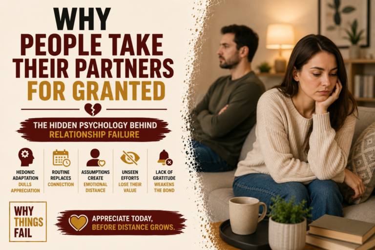 Why People Take Their Partners for Granted couple sitting together but emotionally distant while looking at separate phones in a modern living room