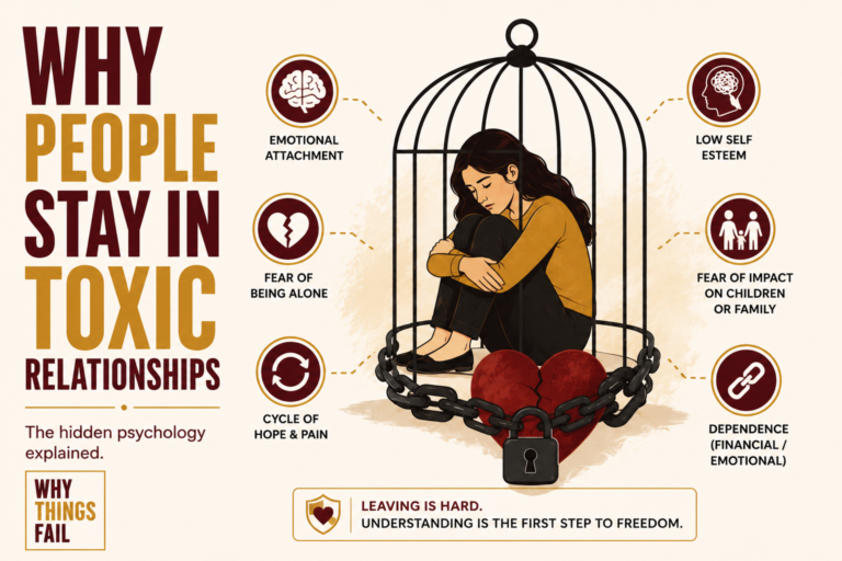 Infographic explaining why people stay in toxic relationships, showing trauma bonding, emotional attachment, fear of leaving and behavioural psychology.