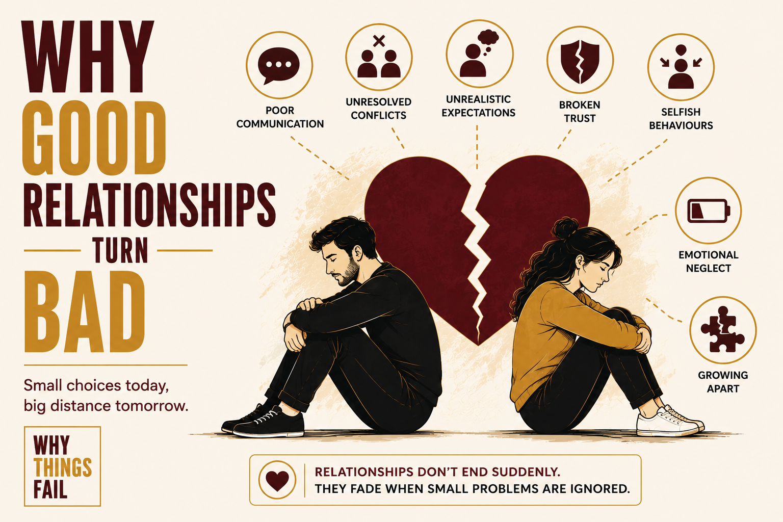 Why Good Relationships Turn Bad illustrated through a couple experiencing emotional distance and communication breakdown in a modern home.