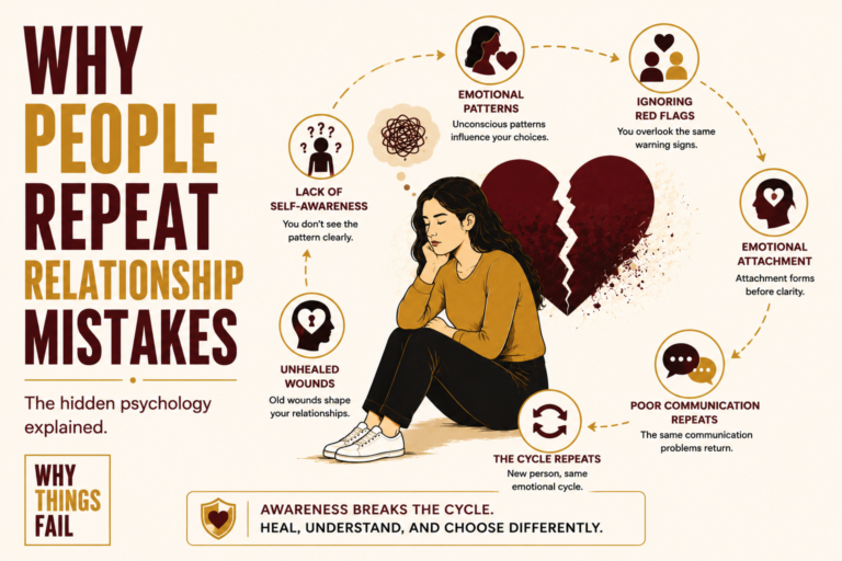 Why People Repeat Relationship Mistakes illustration showing a couple trapped in repeating emotional relationship patterns with symbolic crossroads representing unhealthy decisions.