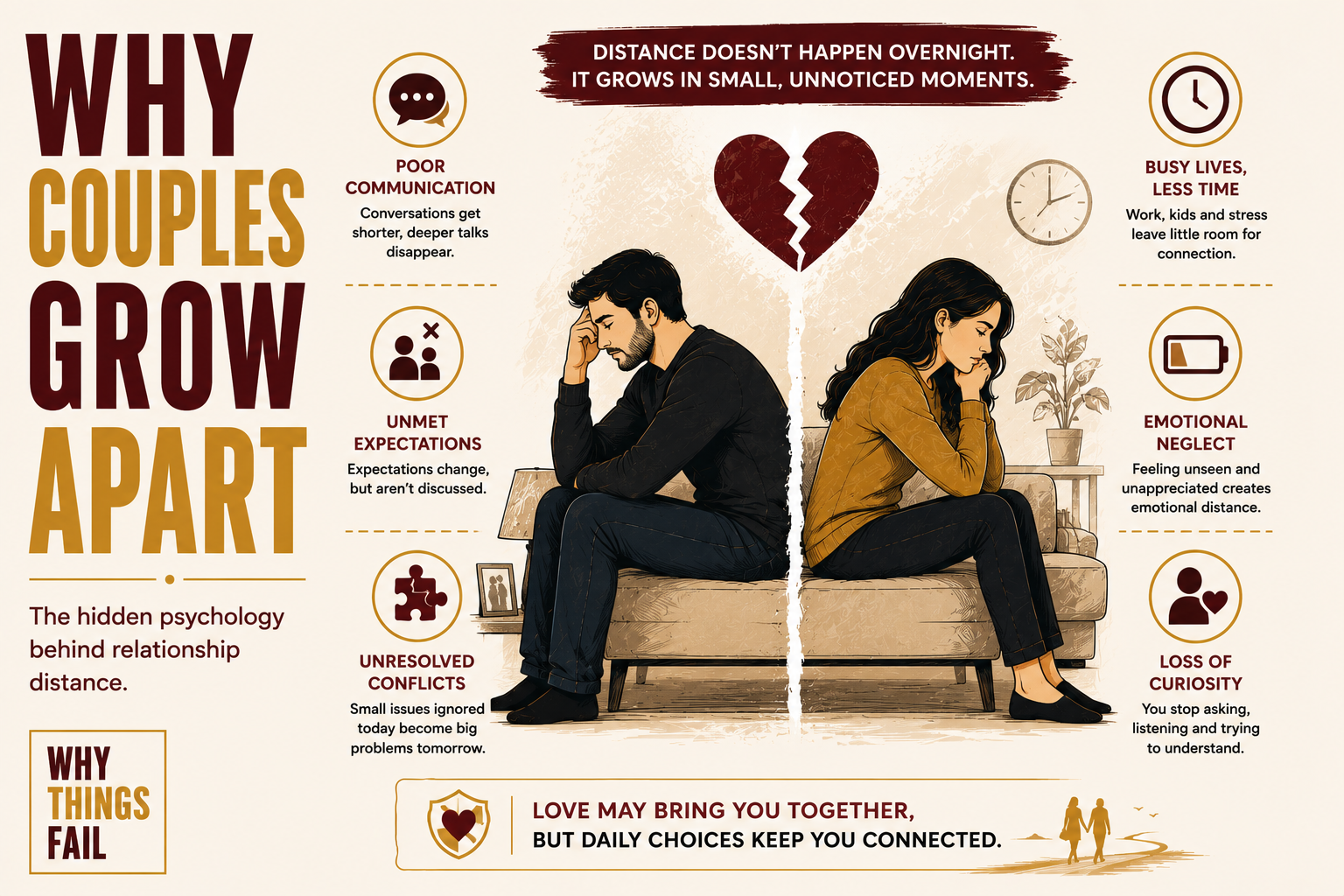 Why Couples Grow Apart illustrated through a couple sitting silently together while emotionally disconnected in their living room.