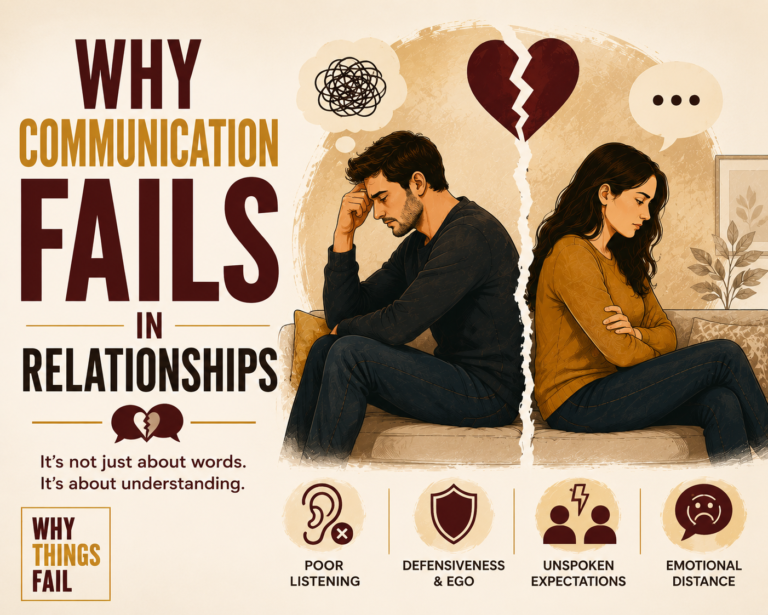 Why Communication Fails in Relationships illustrated through a couple sitting silently on opposite ends of a sofa, showing emotional distance and poor communication.
