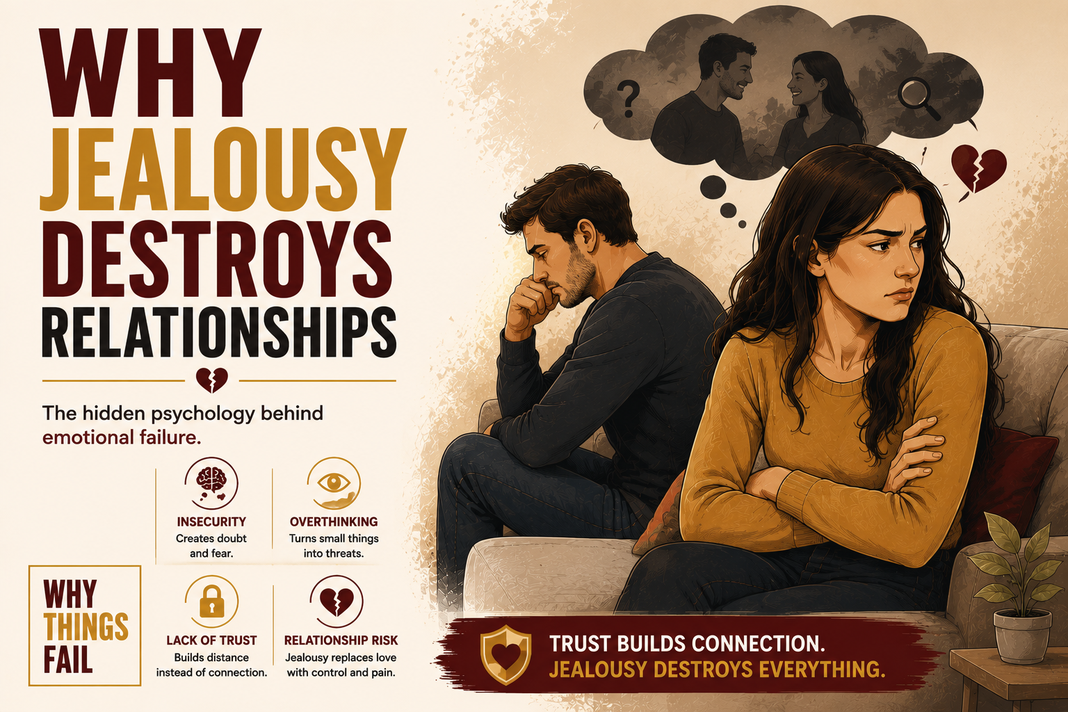 Why Jealousy Destroys Relationships illustration showing a couple separated by emotional distance caused by insecurity and broken trust.