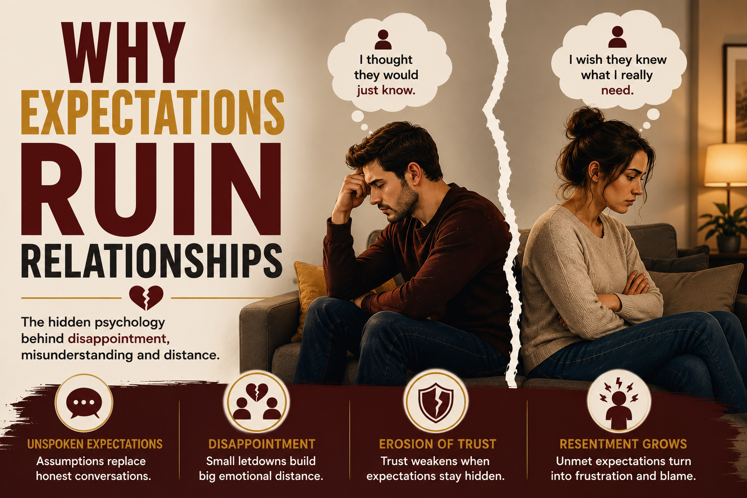 Why Expectations Ruin Relationships illustrated through a couple sitting apart after an emotional misunderstanding, showing disappointment caused by unspoken expectations.