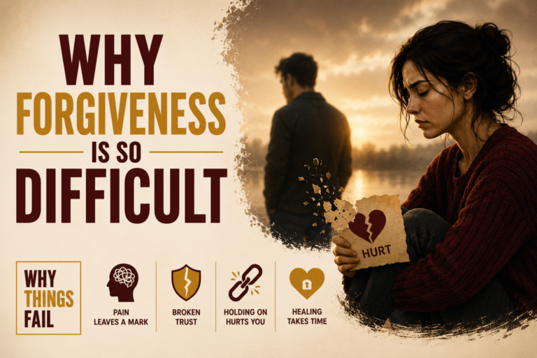 Why Forgiveness Is So Difficult illustrated through a person reflecting on emotional pain, trust and psychological healing after betrayal.