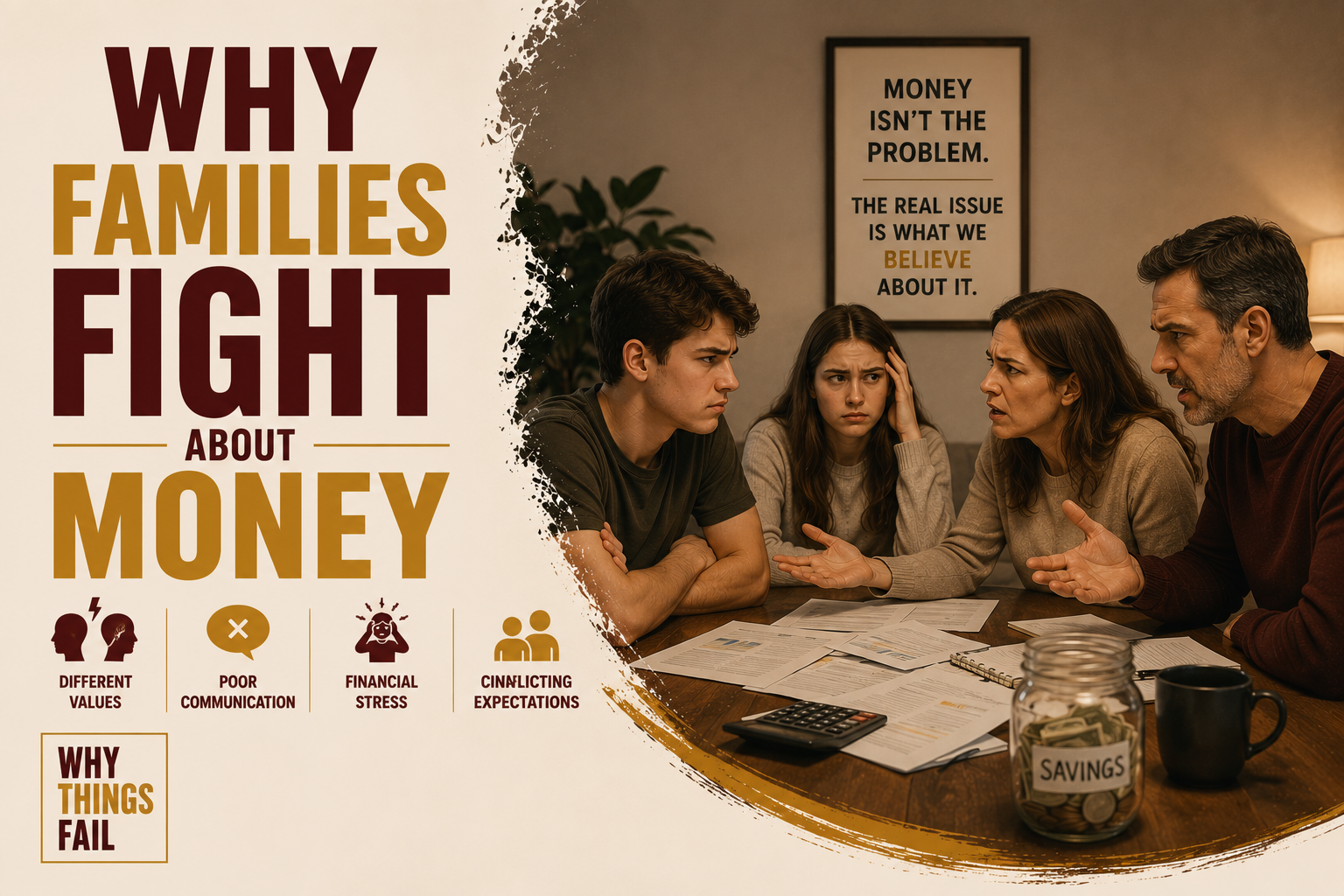 Family gathered around a dining table discussing household expenses and monthly budget, illustrating why families fight about money through communication and financial planning.