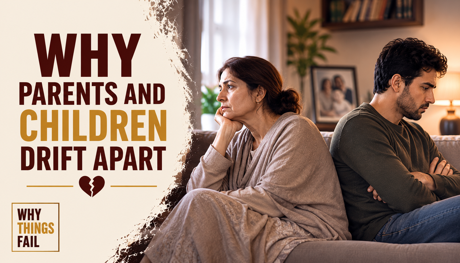 Why Parents And Children Drift Apart illustrated through an emotional conversation between an adult child and parent sitting apart in a living room