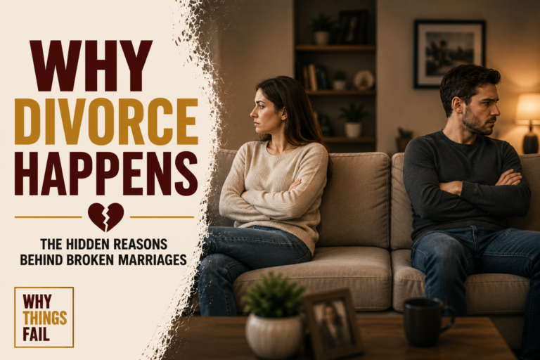 Married couple sitting apart on a sofa in silence showing emotional distance and relationship conflict illustrating why divorce happens.