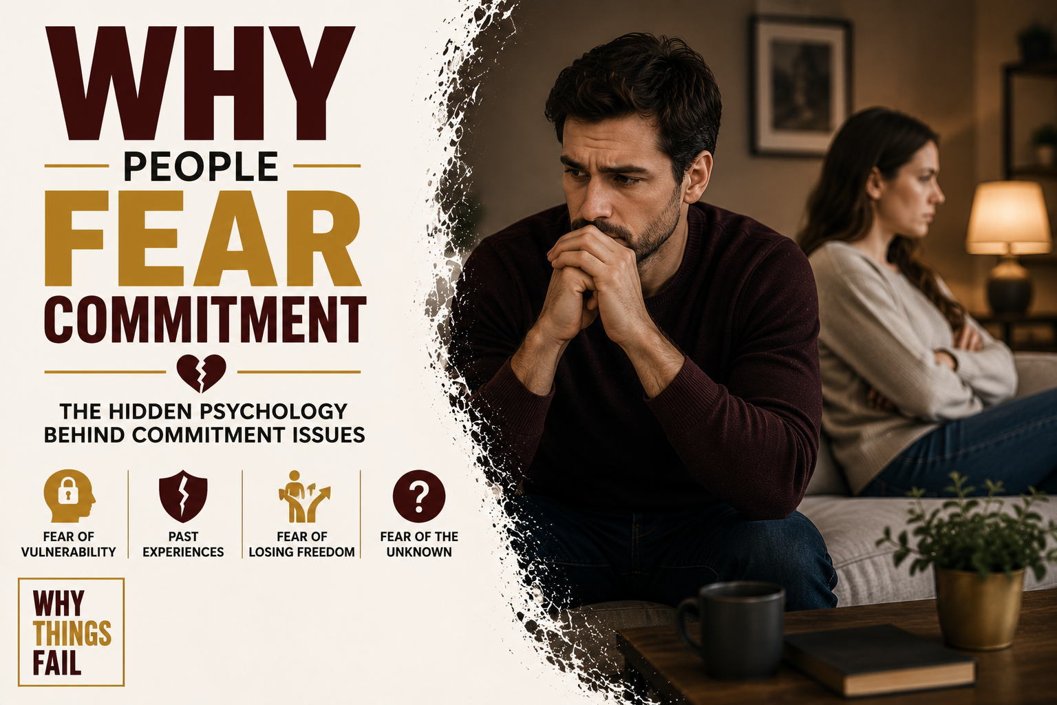 Why People Fear Commitment illustration showing a couple facing emotional distance while exploring the psychology of commitment issues and trust