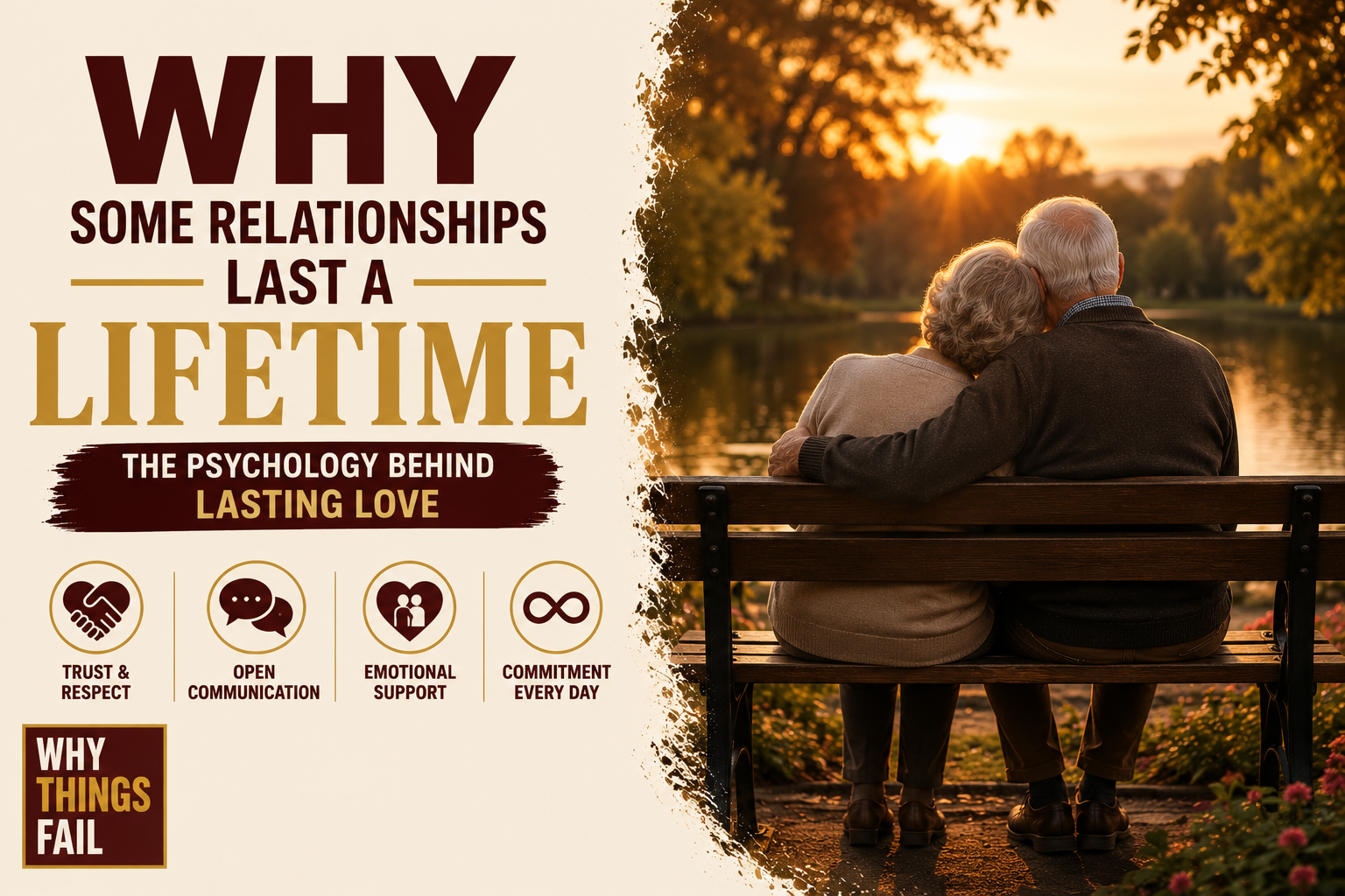 A happy elderly couple walking hand in hand through a peaceful park, representing why some relationships last a lifetime through trust, commitment and lasting emotional connection.
