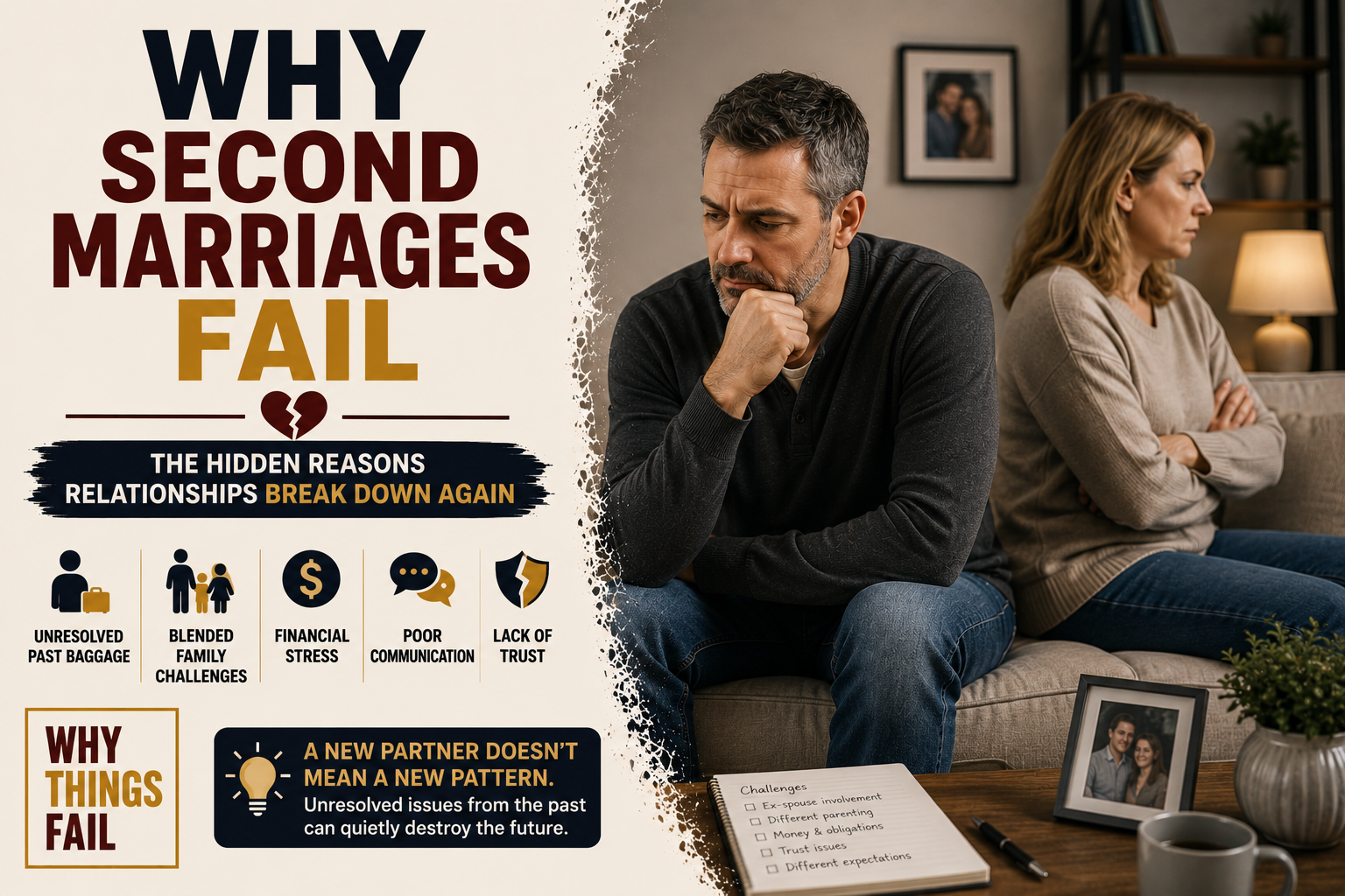 Couple having a serious conversation at home illustrating why second marriages fail because of unresolved emotional baggage and poor communication.
