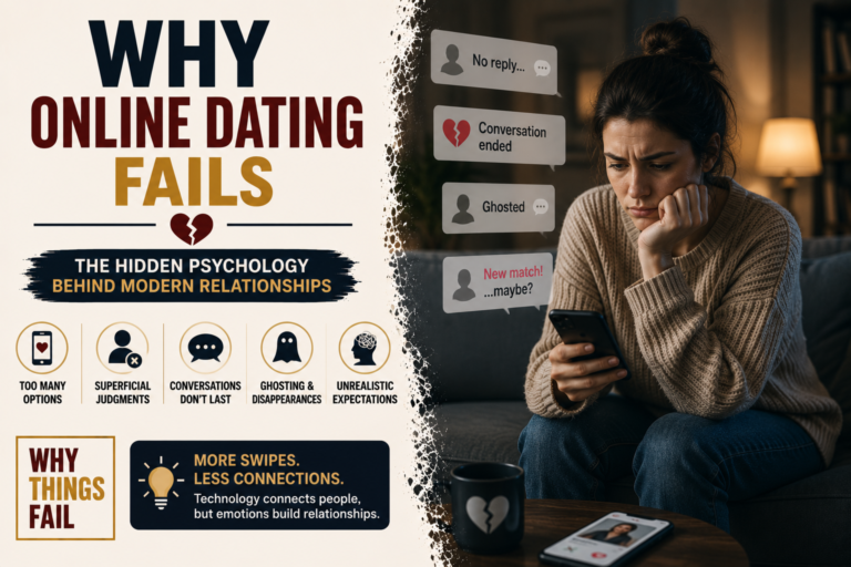 Why Online Dating Fails illustration showing two people connected through a dating app but separated by emotional distance and unrealistic expectations