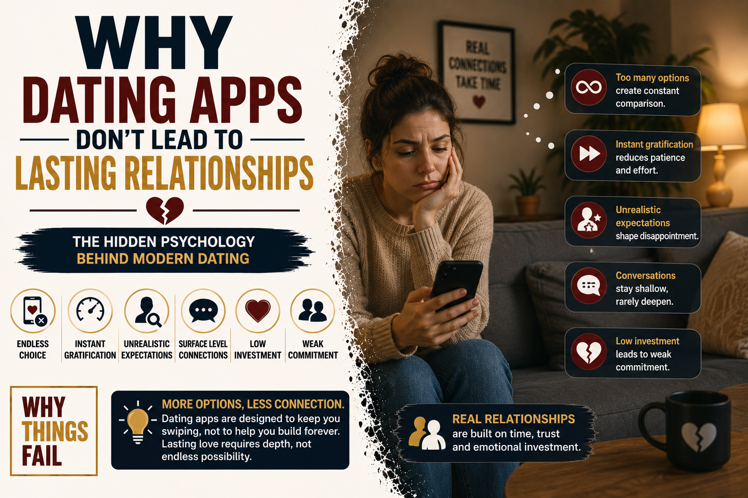 Why Dating Apps Don't Lead To Lasting Relationships showing a person endlessly swiping through dating profiles while ignoring a meaningful conversation beside them.