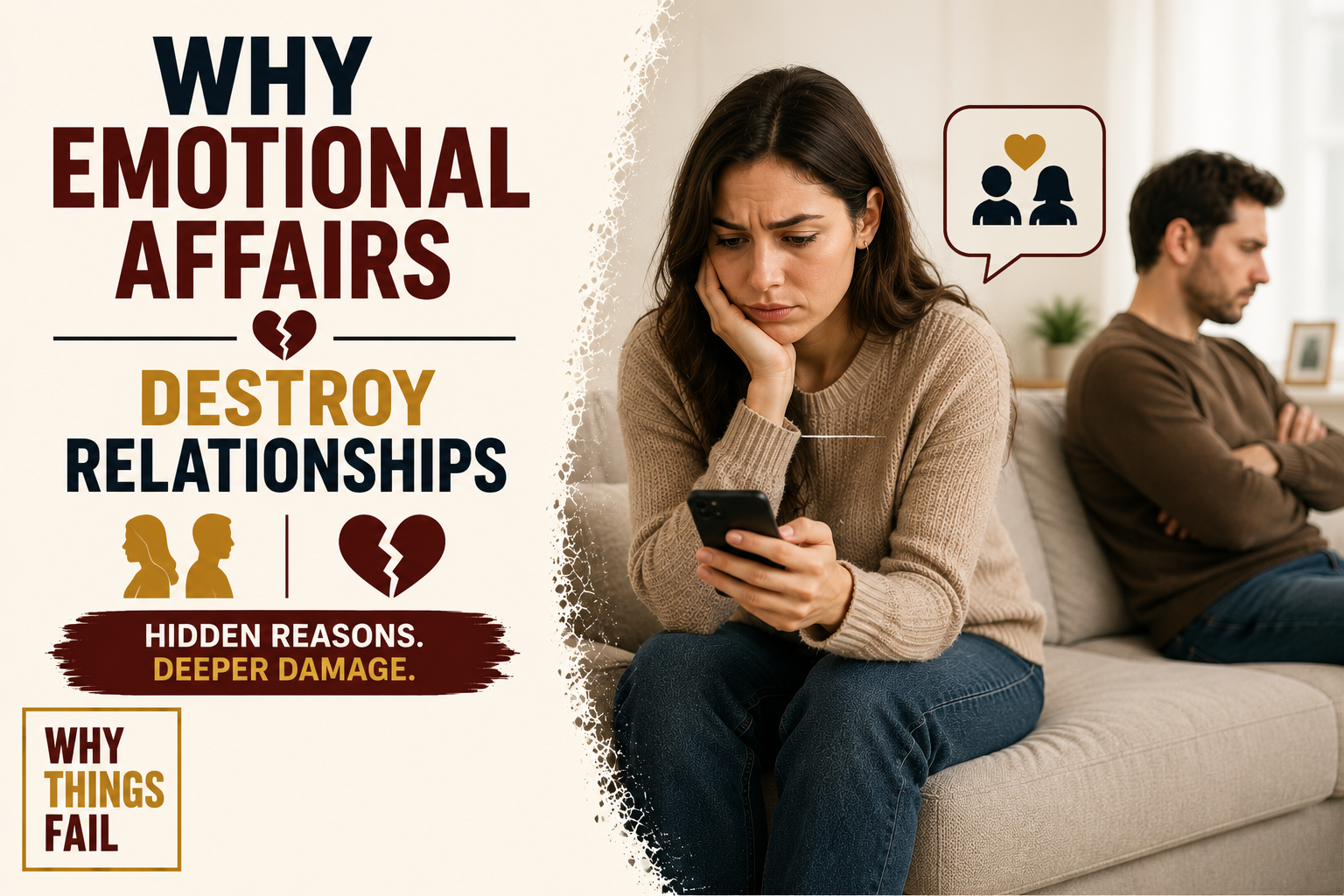 Why Emotional Affairs Destroy Relationships illustration showing a couple growing emotionally distant while one partner secretly messages another person.