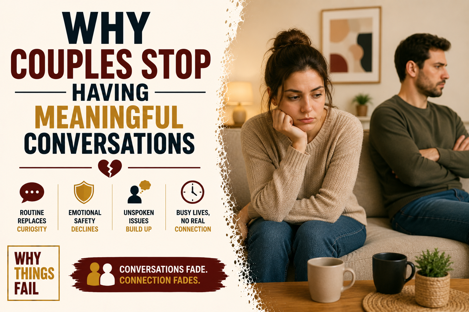 Why Couples Stop Having Meaningful Conversations as a husband and wife sit together in silence while avoiding eye contact in a modern living room