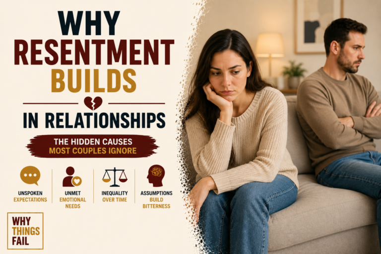 Couple sitting apart after an argument illustrating why resentment builds in relationships through poor communication and emotional distance.