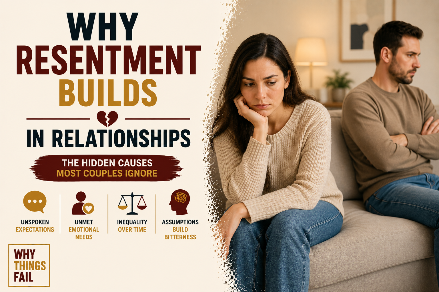 Couple sitting apart after an argument illustrating why resentment builds in relationships through poor communication and emotional distance.