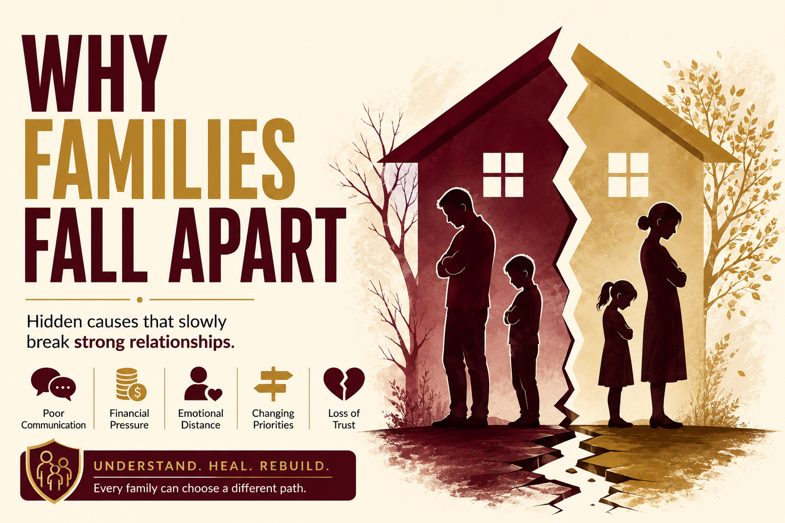 Why Families Fall Apart illustrated through a family sitting together in silence while emotional distance and poor communication create relationship breakdown.