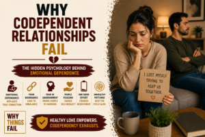 Illustration showing emotional dependence between two partners representing why codependent relationships fail through poor boundaries and unhealthy attachment.