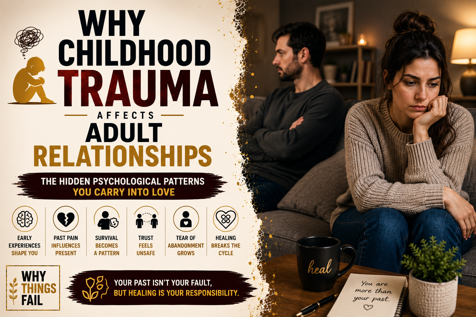 Why Childhood Trauma Affects Adult Relationships illustration showing insecure attachment, trust issues and emotional distance between a couple