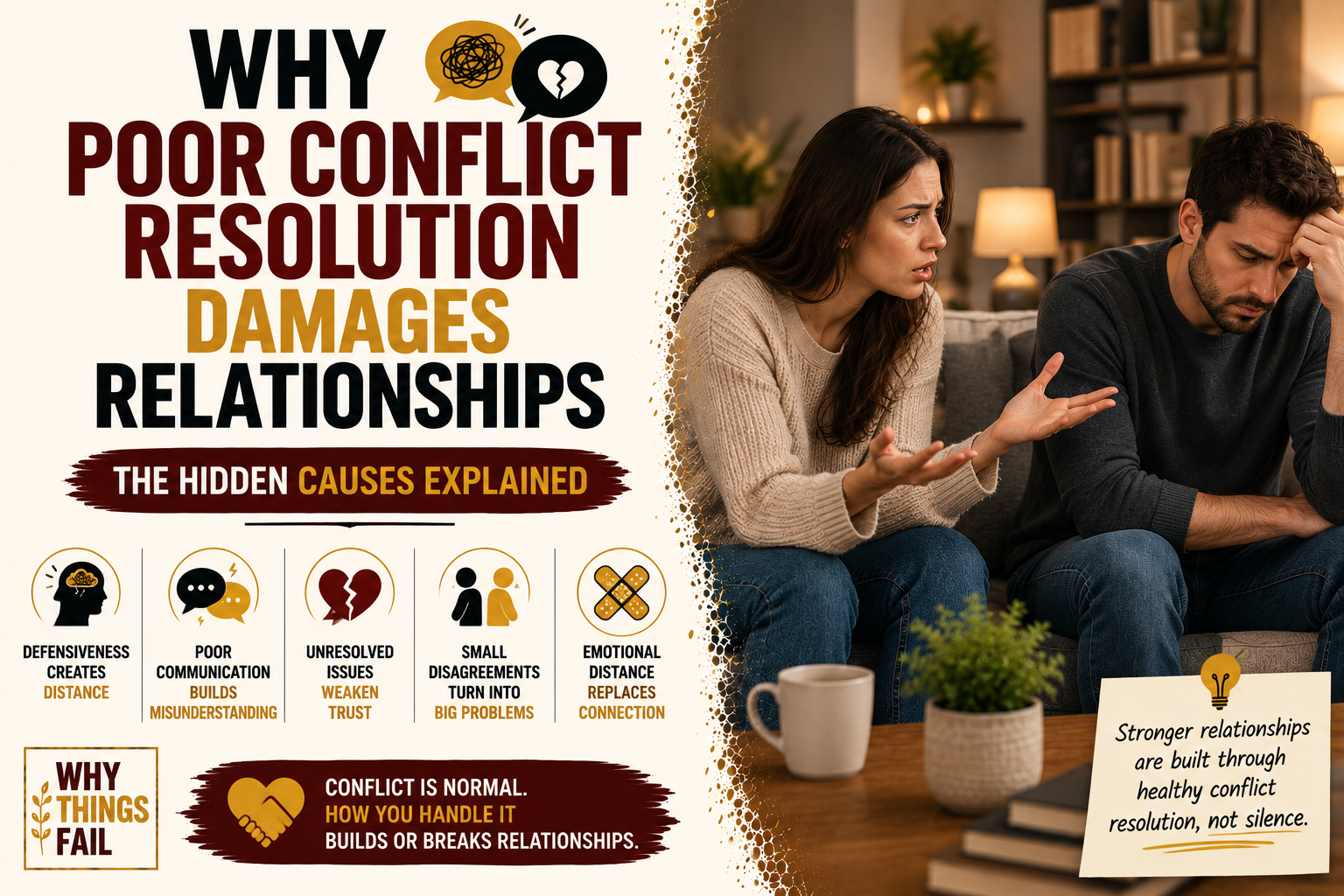 Why Poor Conflict Resolution Damages Relationships illustration showing a couple sitting apart after an unresolved argument with visible emotional distance.