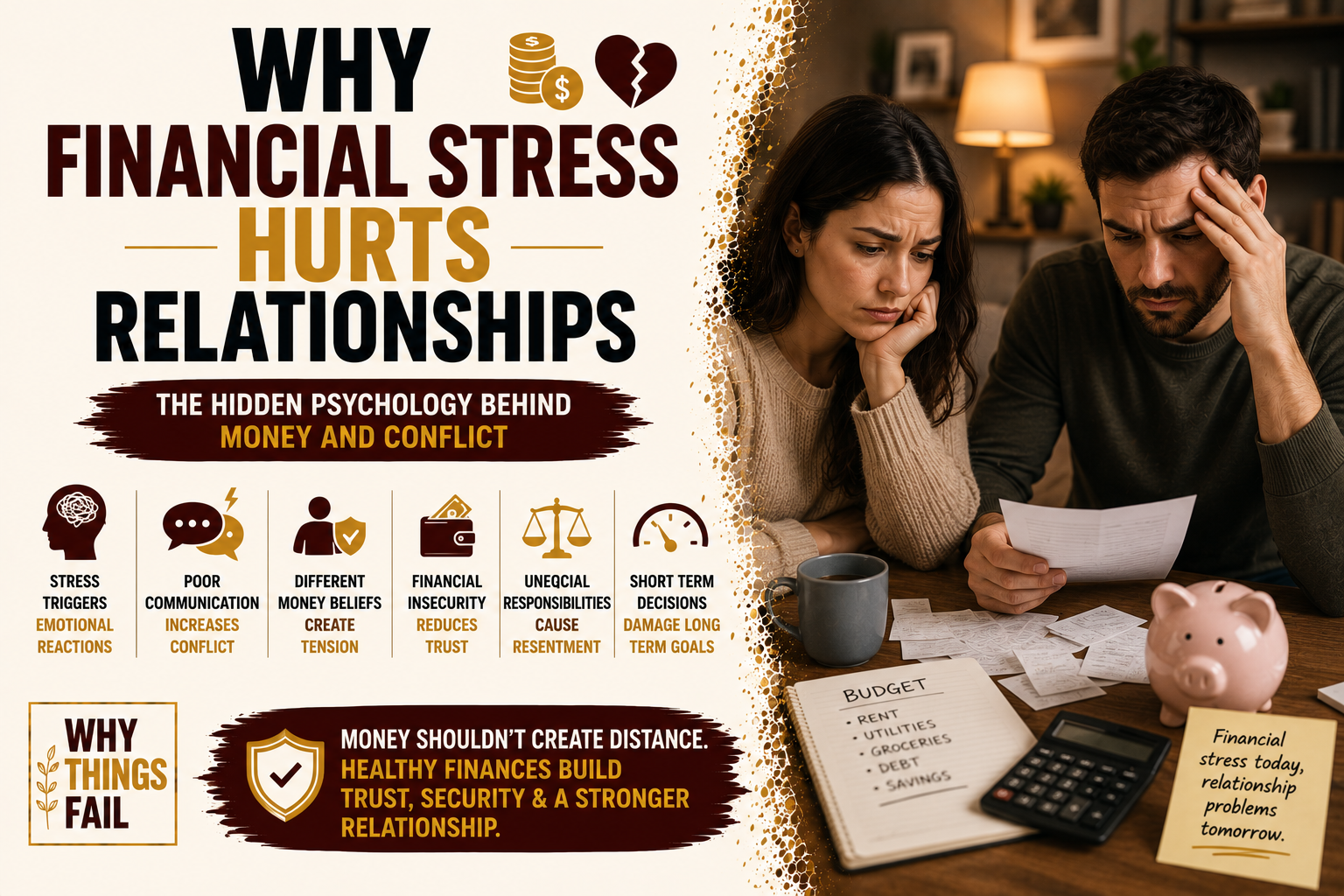 Couple discussing household bills at the kitchen table showing why financial stress hurts relationships through poor financial communication.