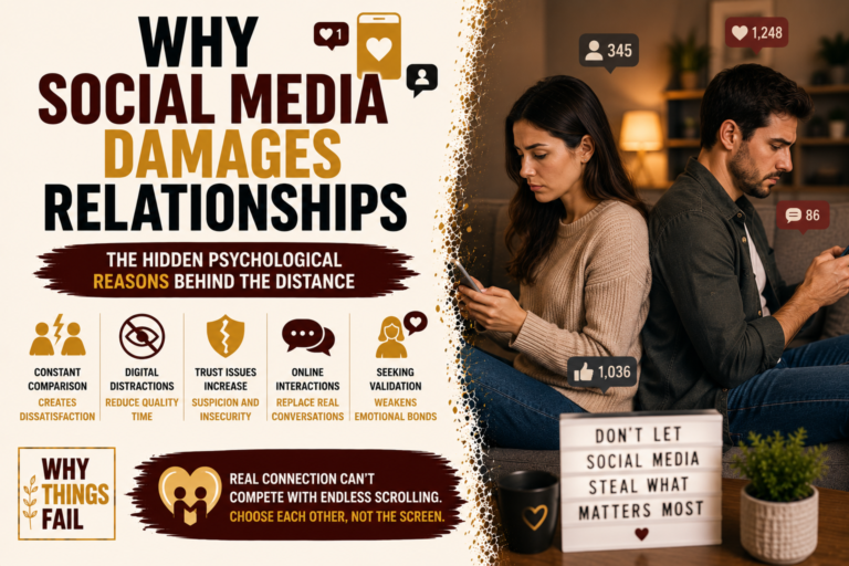 Why Social Media Damages Relationships illustrated through a couple sitting together while both focus on their smartphones instead of communicating.