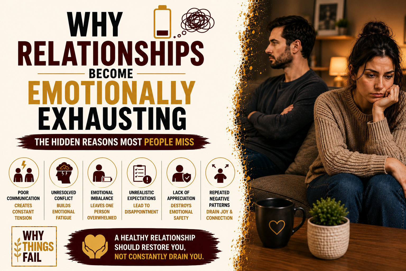 Why Relationships Become Emotionally Exhausting couple sitting apart after an unresolved argument showing emotional distance and poor communication