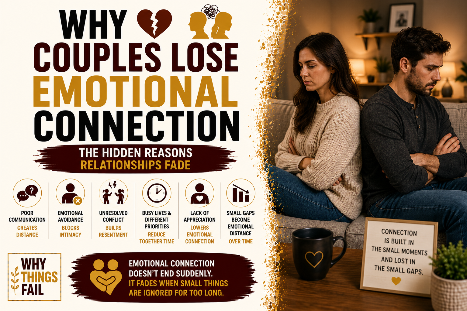 Couple sitting silently on opposite ends of a sofa showing why couples lose emotional connection through poor communication and emotional distance.