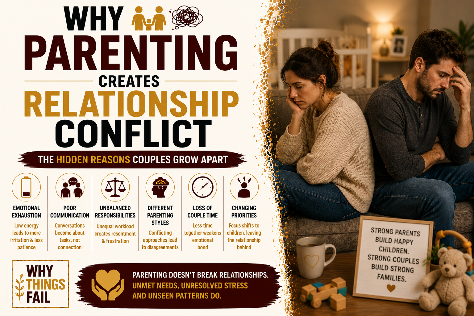 Why Parenting Creates Relationship Conflict as a couple discusses parenting responsibilities while caring for their young child at home.