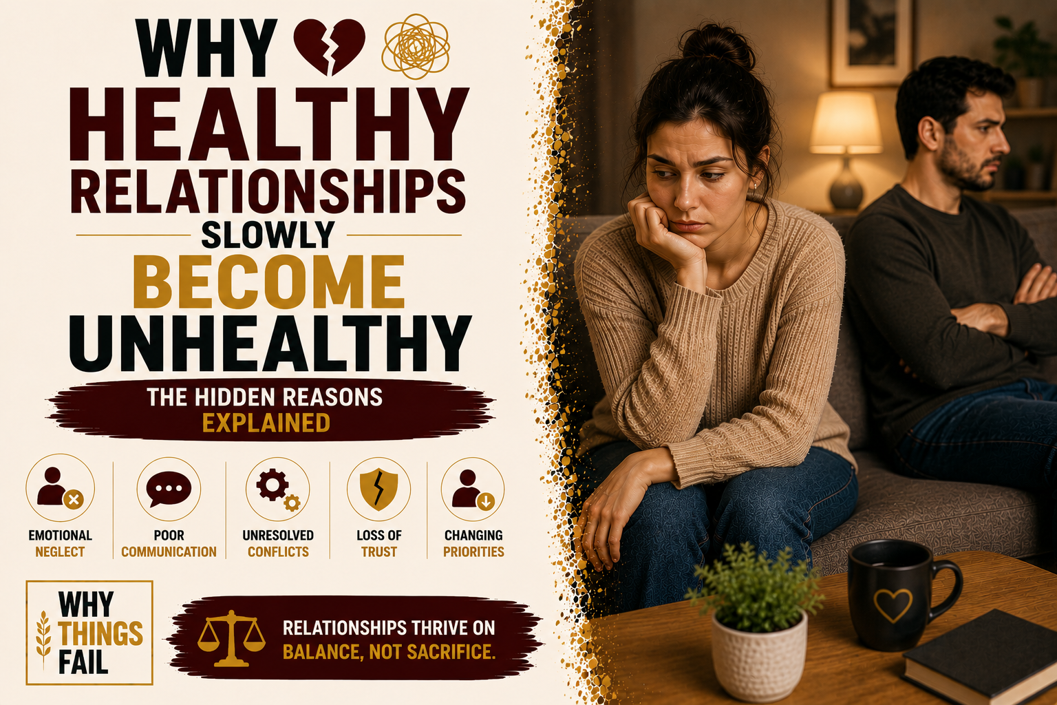 Why Healthy Relationships Slowly Become Unhealthy illustrated through a couple sitting together but emotionally distant during a quiet evening conversation.