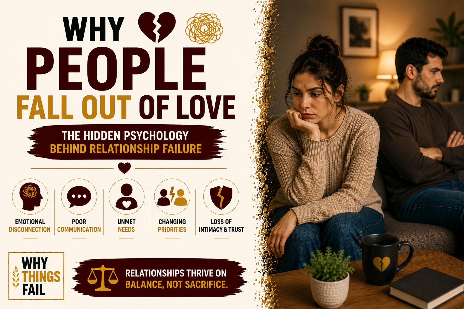 Couple sitting apart in silence illustrating why people fall out of love through emotional distance and poor communication