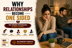 Couple sitting apart in silence illustrating why relationships become one sided through emotional distance and poor communication