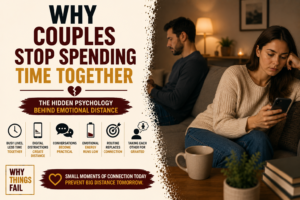 Why Couples Stop Spending Time Together illustrated by a husband and wife sitting together while looking at separate mobile phones in a modern living room.