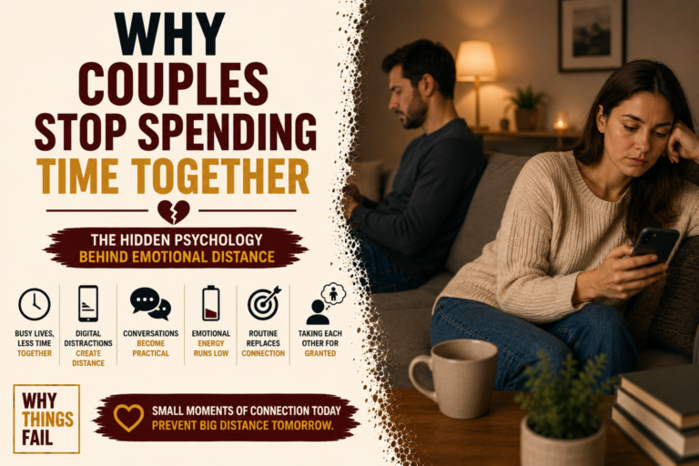 Why Couples Stop Spending Time Together illustrated by a husband and wife sitting together while looking at separate mobile phones in a modern living room.