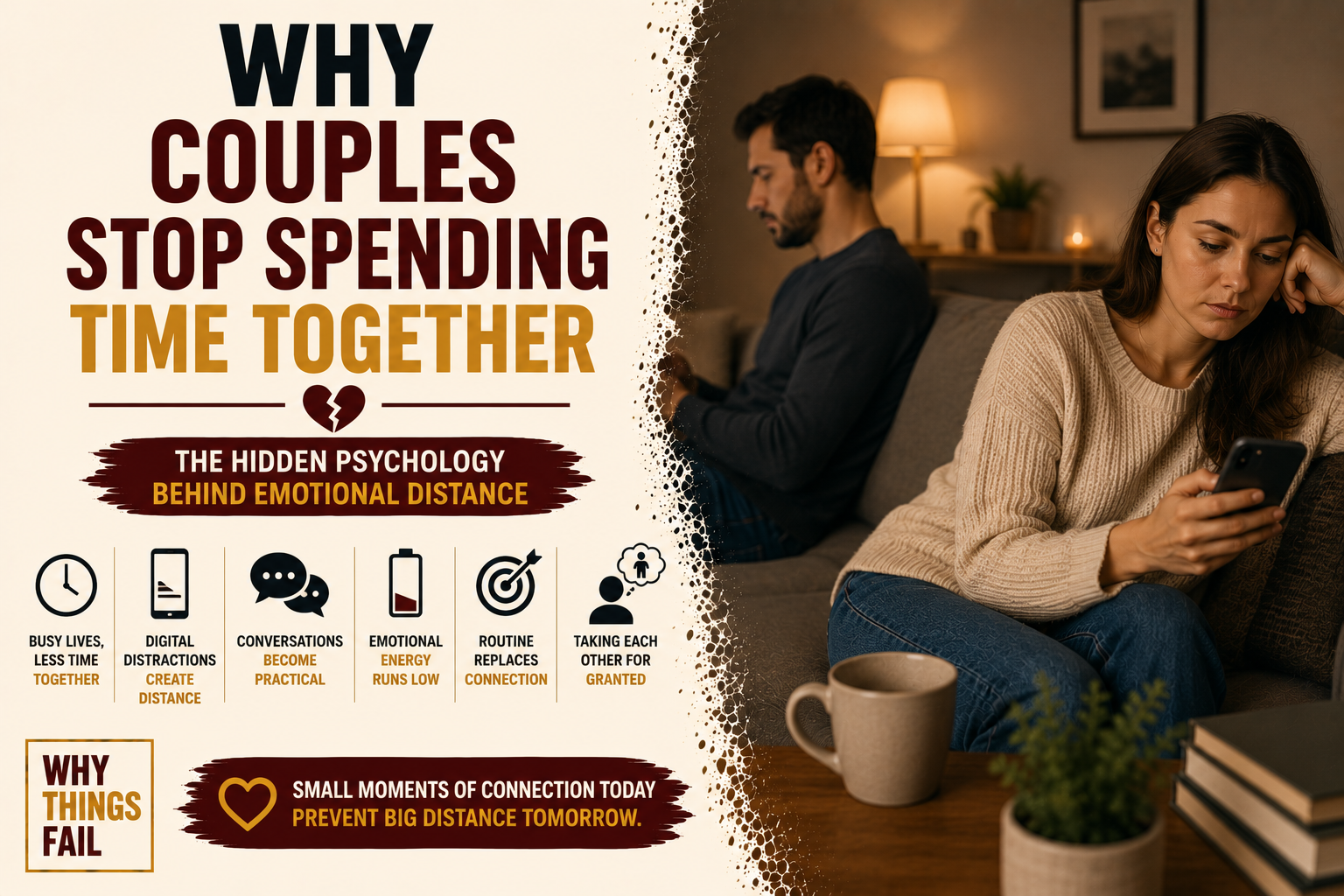 Why Couples Stop Spending Time Together illustrated by a husband and wife sitting together while looking at separate mobile phones in a modern living room.