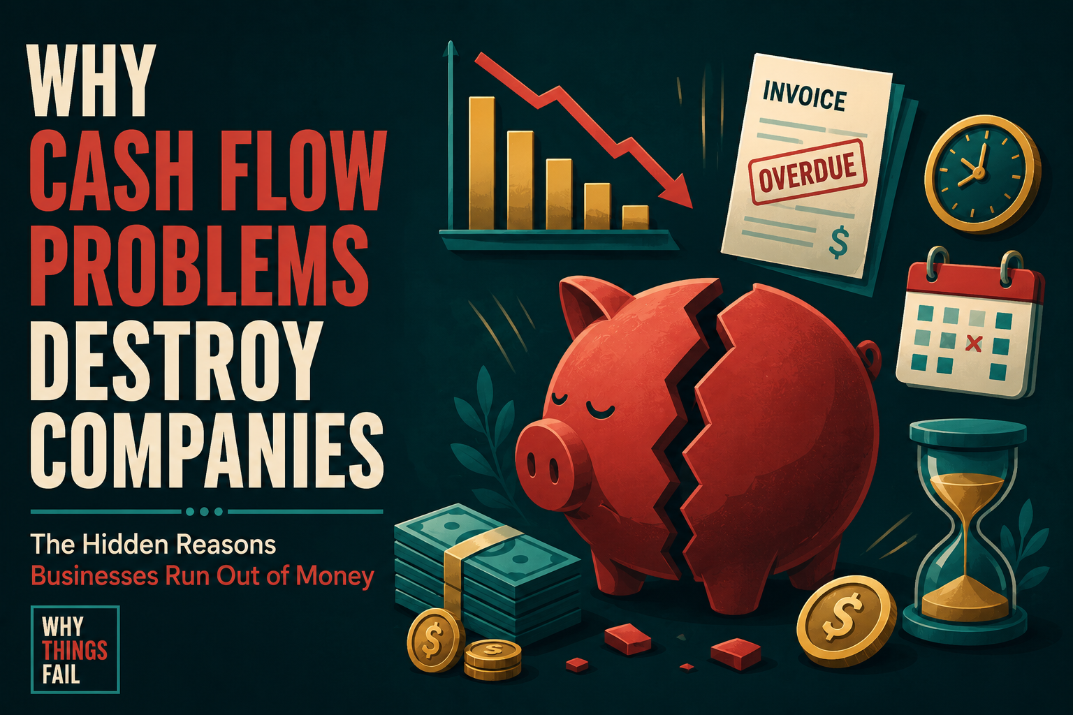 Why Cash Flow Problems Destroy Companies infographic showing the difference between profit and cash flow with business financial analysis.