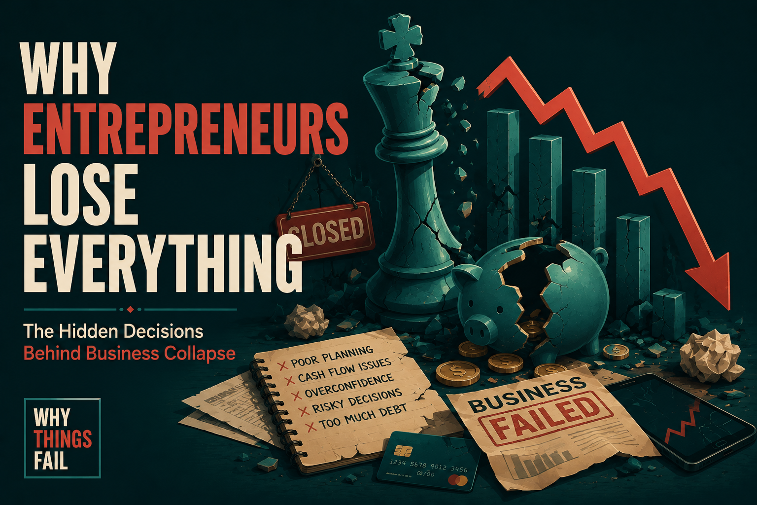 Why Entrepreneurs Lose Everything illustrated through declining cash flow, rising debt and emotional business decisions leading to financial collapse.