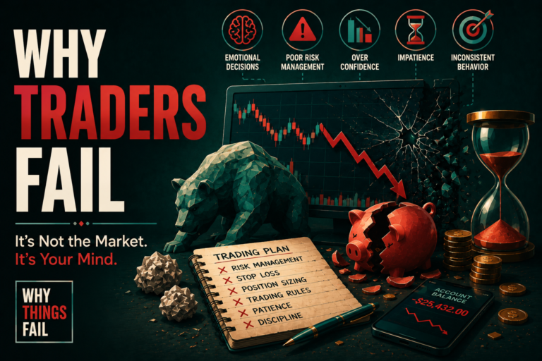 Trader looking at falling stock market charts, illustrating why traders fail due to emotional decision-making and poor risk management.