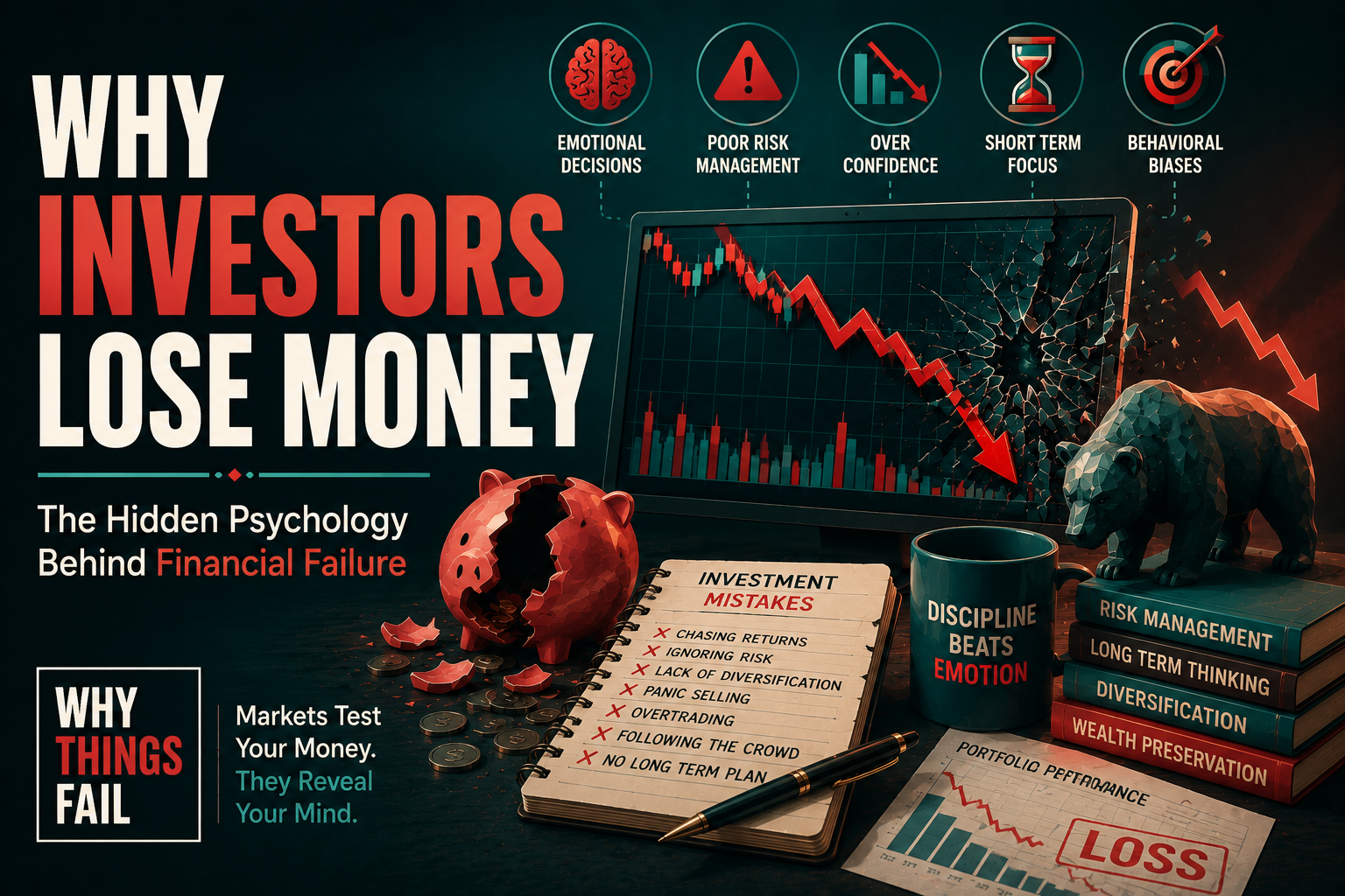 Investor watching falling stock market charts, illustrating how emotional investing, fear, greed, and poor risk management lead to financial losses.