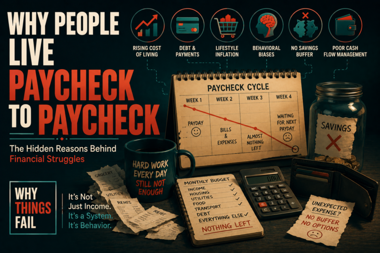 Person reviewing monthly bills and an empty wallet, illustrating the paycheck-to-paycheck cycle caused by lifestyle inflation, poor cash flow, and financial stress.