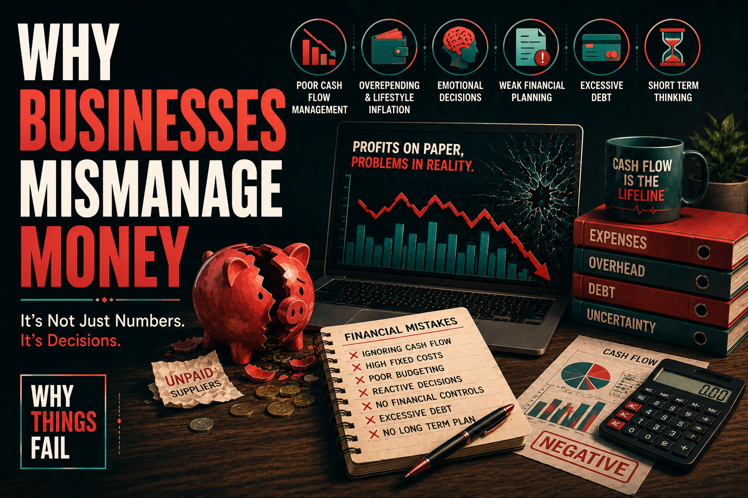 Professional office scene explaining Why Businesses Mismanage Money with charts, financial planning documents, cash flow analysis and strategic business decisions.