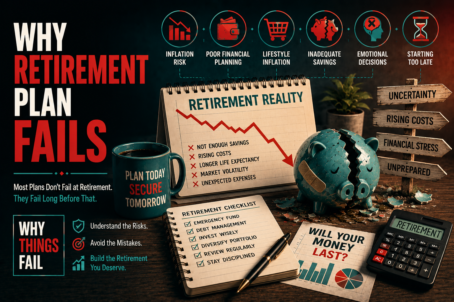 Why Retirement Plans Fail illustrated through long term financial planning, retirement savings growth and behavioural finance concepts