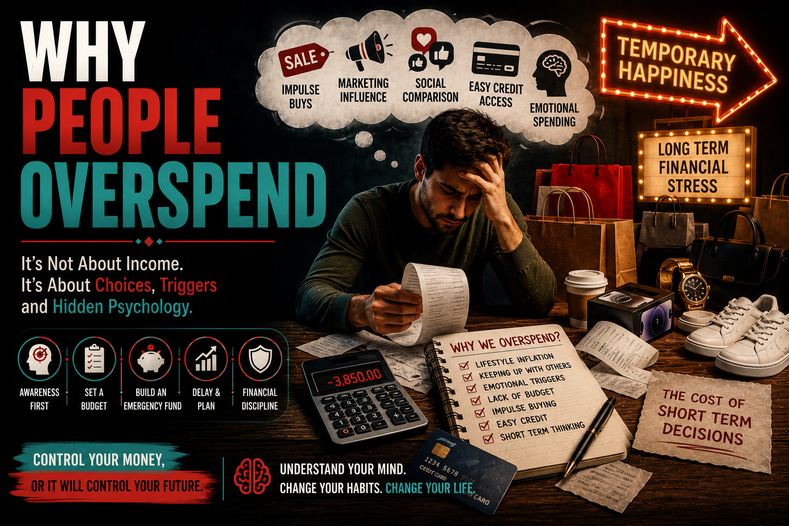 Why People Overspend illustrated through emotional spending and everyday shopping decisions in a modern retail environment.