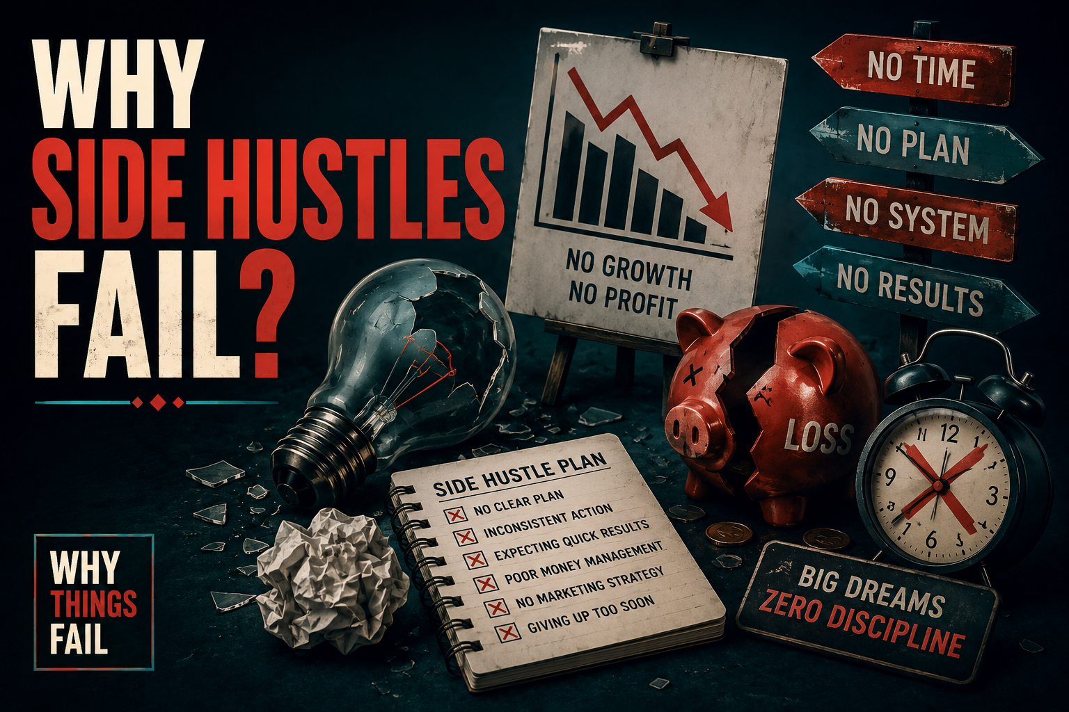 Why Side Hustles Fail entrepreneur working late while analysing business finances and declining sales on a laptop