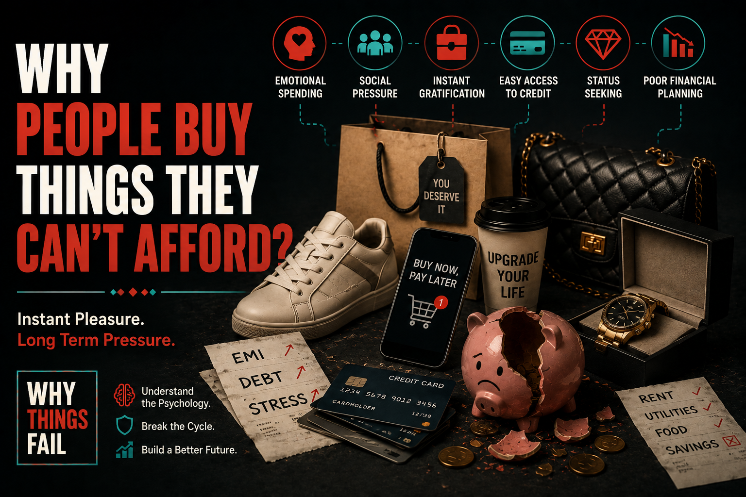 Why People Buy Things They Can't Afford illustrated through emotional spending, credit cards and consumer psychology in a modern shopping environment.