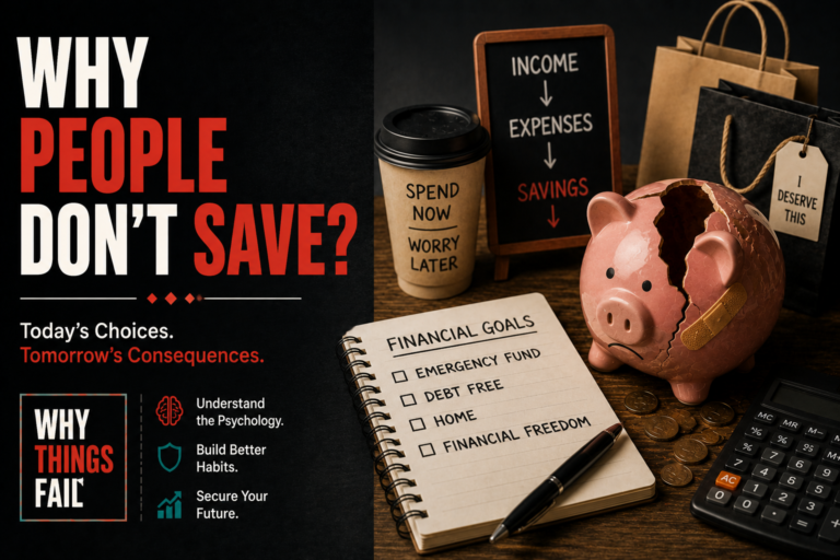 Why People Don't Save infographic showing lifestyle inflation, emotional spending and present bias reducing long term savings.